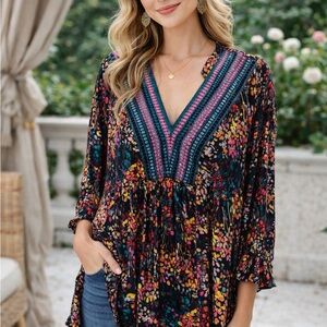 Boho Floral V-Neck Tunic Top | XL | Flowy & Colorful